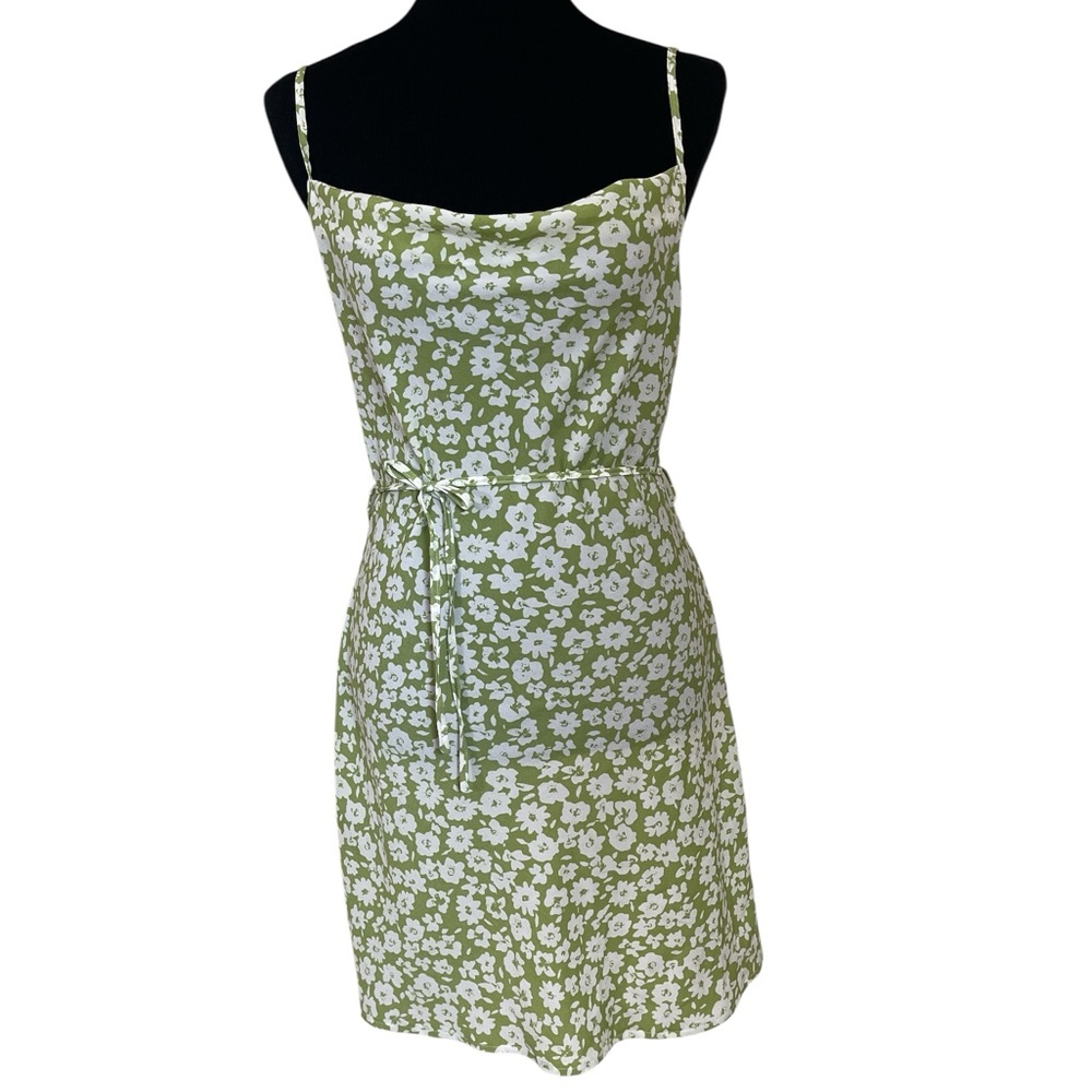 Cute Green Floral Lightweight Sleeveless Cowl Self Tie Belted Mini Dress
